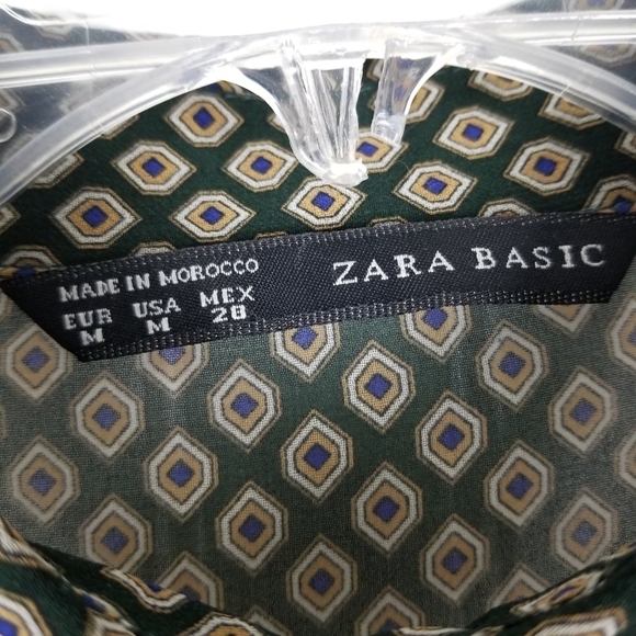 Zara Basic Sheer Print Button Up Blouse Womens Geometric Green Tan Size Medium - Picture 5 of 10